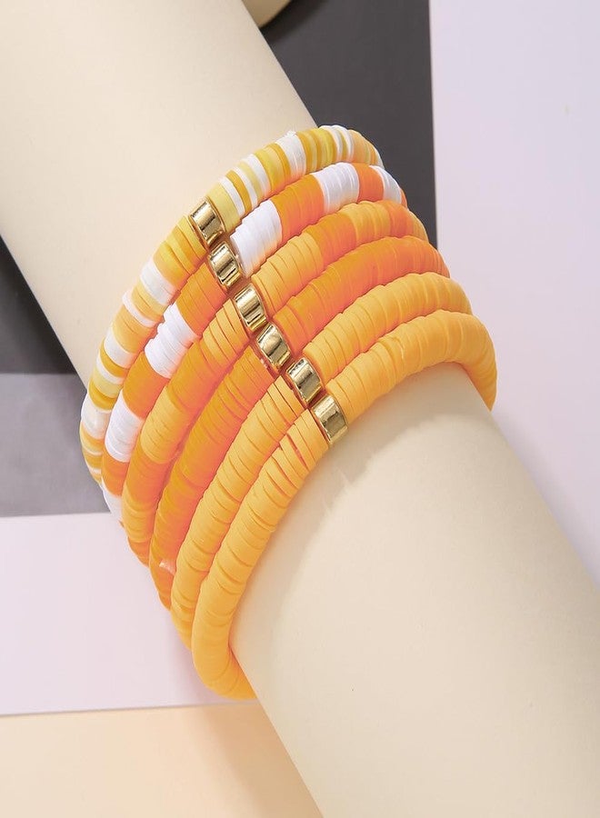 SCRDPRAD Macaron Multi-layer 6Pcs Bohemia Bracelet for Women Heishi Clay Bead Stretch Bracelets Stackable Colorful Summer Beach Hawaii Boho Jewelry Aesthetic Charm Rainbow Puka Shell Bracelets-Orange - Image 2